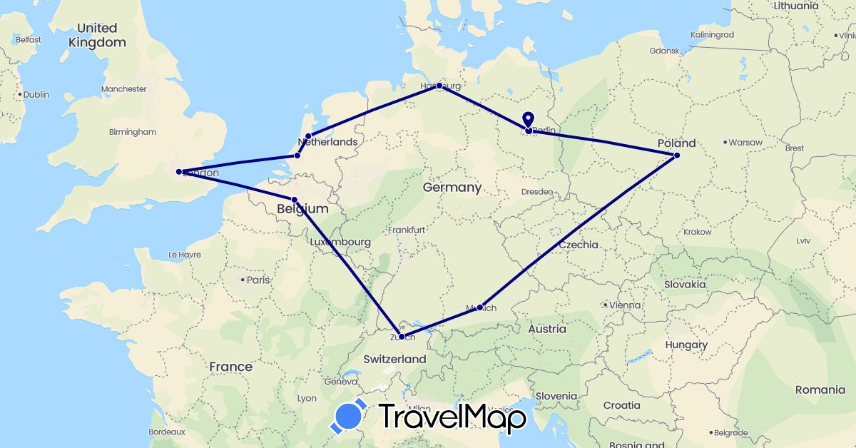 TravelMap itinerary: driving in Belgium, Switzerland, Germany, United Kingdom, Netherlands, Poland (Europe)